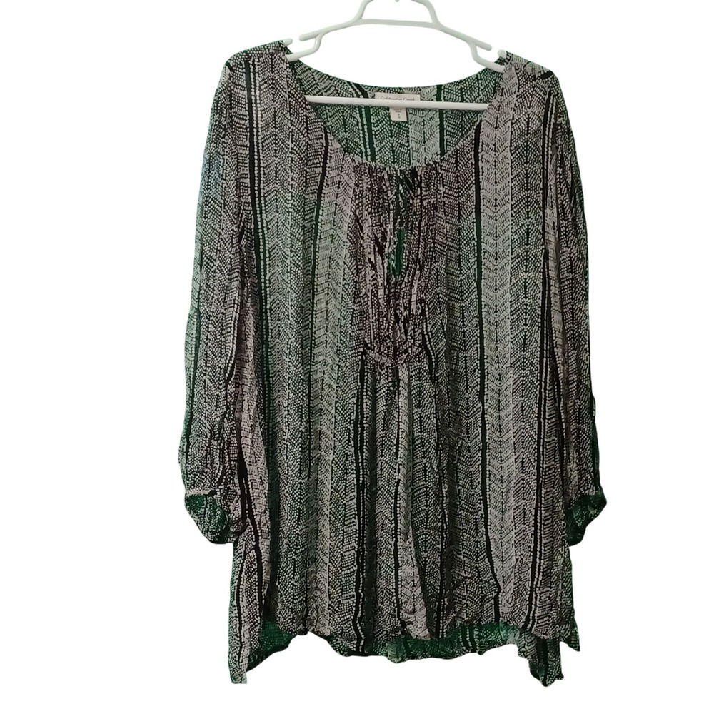 Coldwater Creek Tunic Top Womens 1X 18 Green Black Geometric Viscose Split Neck